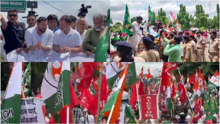 राहुल-तेजस्वी के साथ बंद समर्थक सड़क पर उतरे, पुलिस की बैरिकेडिंग तोड़कर आगे बढ़े महागठबंधन कार्यकर्ता